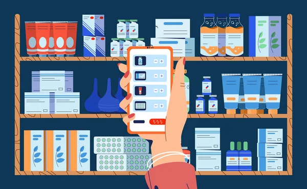 Ręczne trzymanie smartfona z zastosowaniem leków medycznych — Wektor stockowy