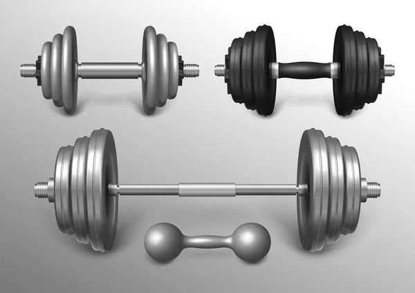 Realistic metal barbell and loadable dumbbells — Stock Vector