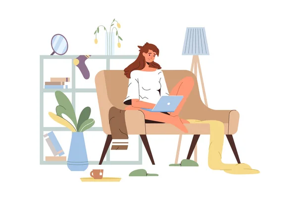 Femme plate travaillant au bureau à domicile avec ordinateur portable — Image vectorielle