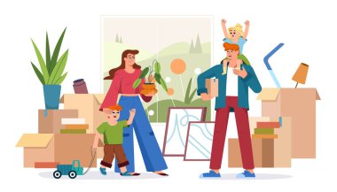 Yeni eve taşınan mutlu bir aile.