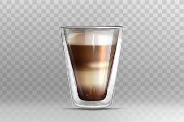 Çift katlı cam bardakta, gerçekçi bir kahve.