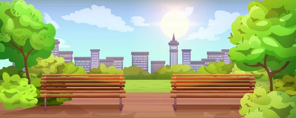 Cartoon leeg stadspark met houten bank en lantaarns — Stockvector
