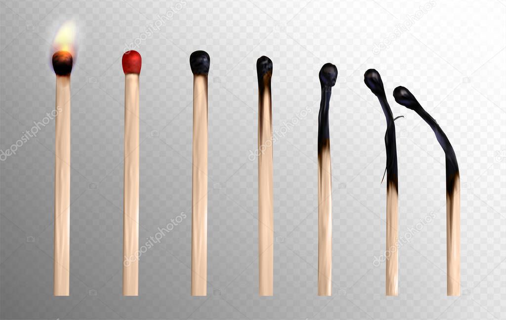 Realistic whole and burnt wooden matchsticks from fire
