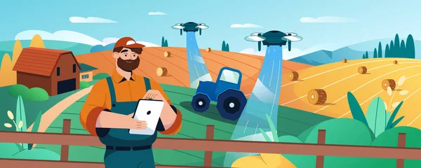 用机器人无人机灌溉农田的农民 — 图库矢量图片
