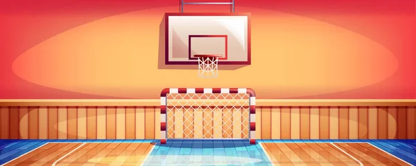 Escuela gimnasio interior con cancha de baloncesto y fútbol — Vector de stock