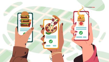 Düz eller, fast food siparişi vermek için akıllı telefon kullanırlar.