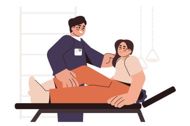 Düz doktor fizyoterapisi hastanın bacağını ve dizini tedavi etmesine yardımcı oluyor. Fizik tedavi uzmanı ameliyattan sonra eklem hareketliliğini arttırıyor. Tedavi ve rehabilitasyon merkezi kavramında rehabilitasyon.