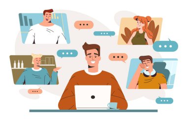 Düz adam evde çalışıyor ve online video konferansı var.