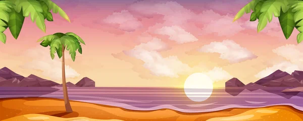 Cartoon ocean landscape with sunset or sunrise on beach