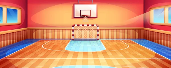Escuela gimnasio interior con gimnasio cancha de baloncesto y portería de fútbol — Vector de stock