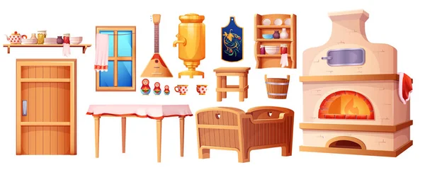 俄罗斯小屋的卡通式室内厨房元件 — 图库矢量图片