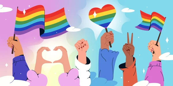 LGBT 'nin gökkuşağı bayraklarını tutan düz eller