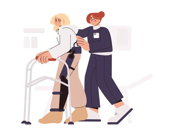 Sjukgymnastik läkare hjälpa patienten att gå med rehab vandrare — Stock vektor