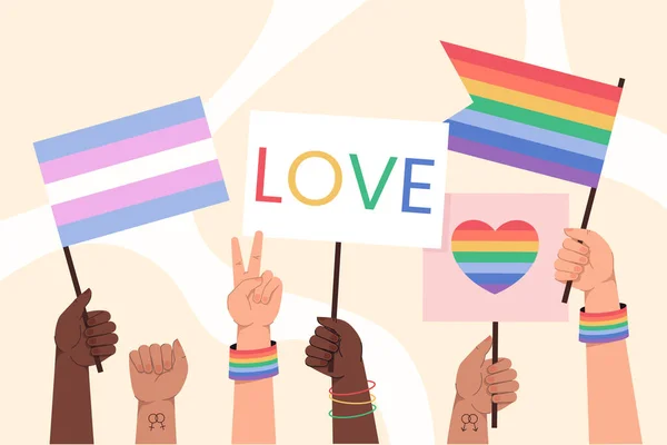 Las manos planas sostienen banderas de arco iris símbolo de LGBT — Vector de stock