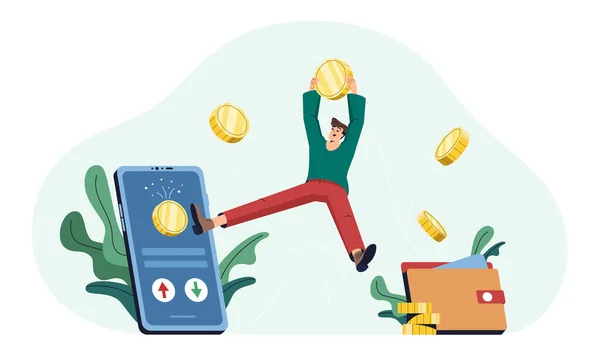 Płaski człowiek ze złotymi monetami otrzymuje zwrot gotówki na e-portfelu — Wektor stockowy