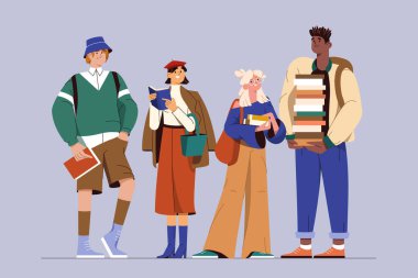 Düz gülümseyen üniversite öğrencileri ya da kitaplı üniversite öğrencileri