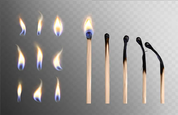 Ensemble réaliste et allumette en bois brûlé avec différentes flammes — Image vectorielle