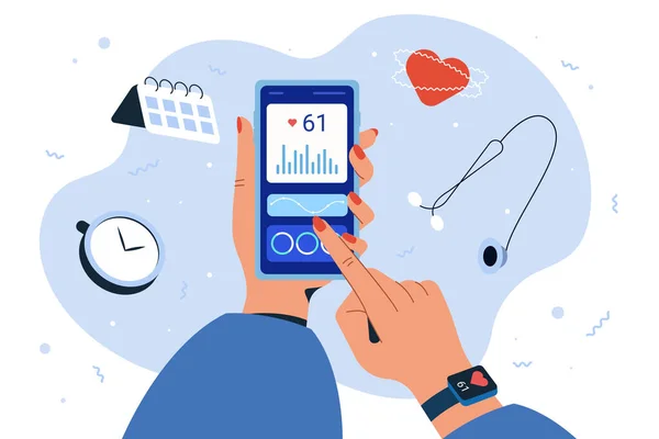 Smartphone plano y reloj inteligente para monitorear la frecuencia cardíaca — Vector de stock