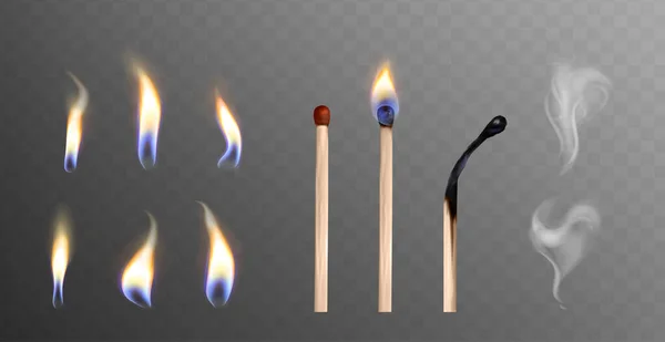 Ensemble réaliste de allumettes en bois brûlé, de lumière de flamme et de fumée — Image vectorielle