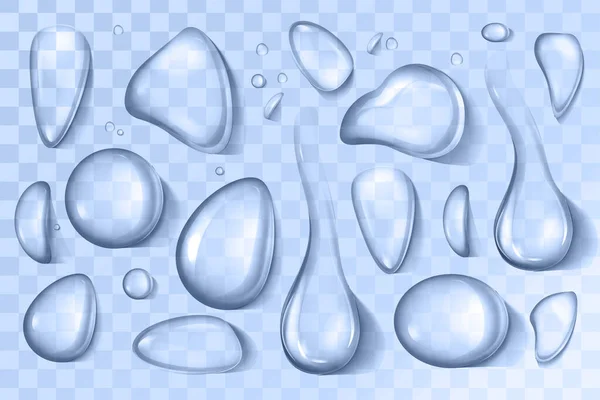 Ρεαλιστικό φρέσκο καθαρό νερό σταγόνες διαφορετικά σχήματα — Διανυσματικό Αρχείο