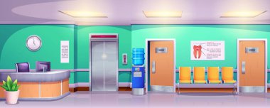 Dişçi bekleme odası, resepsiyon, sandalyeli karikatür stomatoloji kliniği