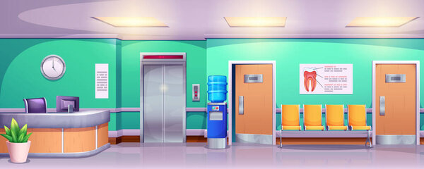 Cartoon stomatology clinic with dental waiting room, reception, chairs
