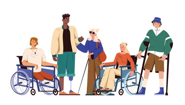 휠체어와 목발을 의지하고 의족을 한 장애 인들 — 스톡 벡터