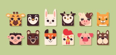 Düz, şirin, renkli kare evcil hayvan, çiftlik ve safari hayvanı yüzleri.