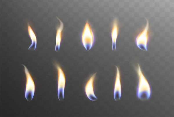 Ensemble réaliste de lumières de flamme de feu de bougie, fusées éclairantes — Image vectorielle