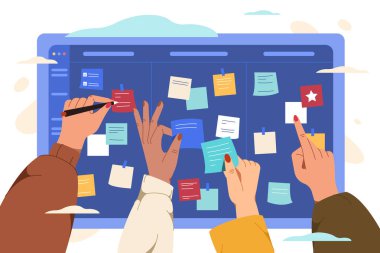 İnsan eli ve renkli kağıt çıkartmaları olan düz hücum görev tahtası