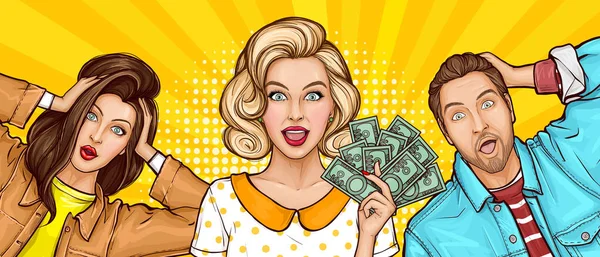 Pop art surprised man and women with money cash — ストックベクタ