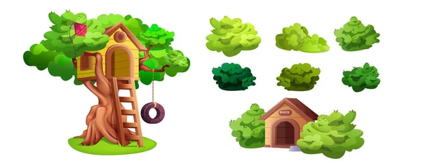 Cartoon boomhut met houten ladder, groene struiken en hondenhok — Stockvector