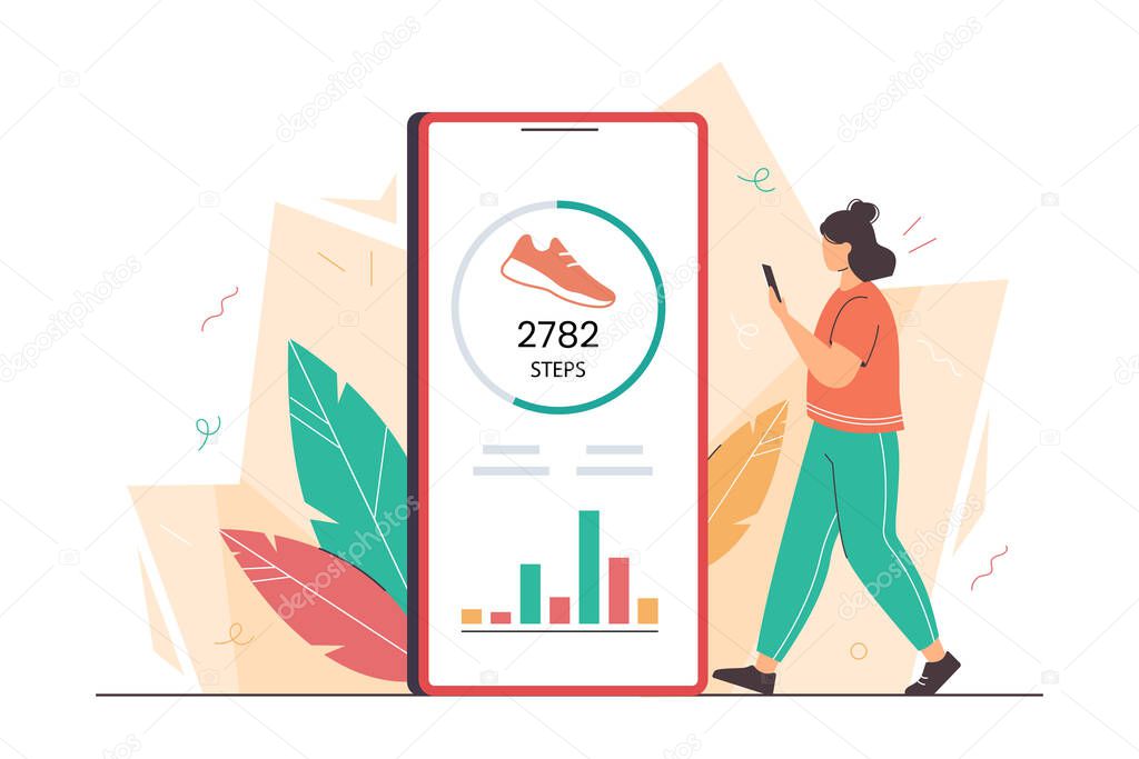 Flat woman using smartphone with pedometer for counting steps