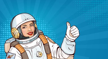 Uzay elbisesi giymiş pop sanatçısı astronot kız başparmak hareketi yapıyor.