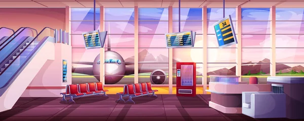 Salle de terminal de l'aéroport de dessin animé intérieur avec chaises, escalator et avion — Image vectorielle