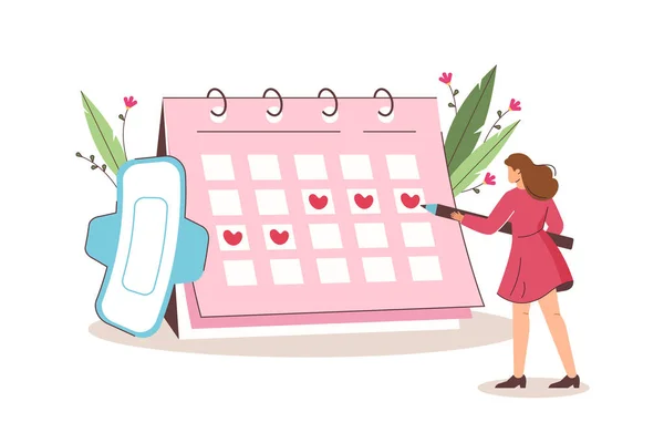 Mujer plana marca la fecha del período de menstruación en el calendario menstrual — Vector de stock