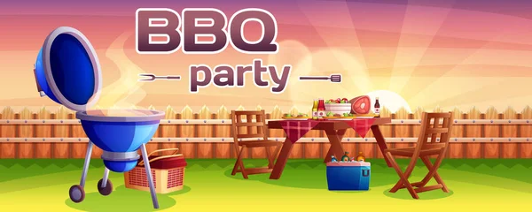 Banner de dibujos animados para fiestas de barbacoa con carne de parrilla para cocinar — Vector de stock