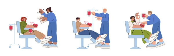 Επίπεδοι εθελοντές που κάθονται σε ιατρικές καρέκλες νοσοκομείου και δίνουν αίμα — Διανυσματικό Αρχείο