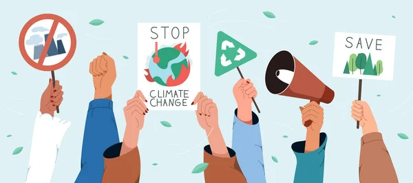 用扁平的双手高举拯救地球的横幅抗议气候 — 图库矢量图片