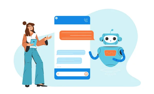 Mujer plana charlando con chatbot, comunicando AI robot asistente — Vector de stock