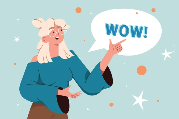 Blond smile woman points a finger to wow speech bubble — Stockový vektor