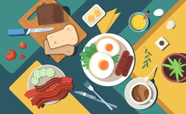 Flat english breakfast with traditional food on table top view