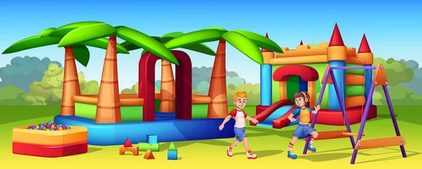 Cartoon kids playing on playground with inflatable slides and trampolines — Vector de stock