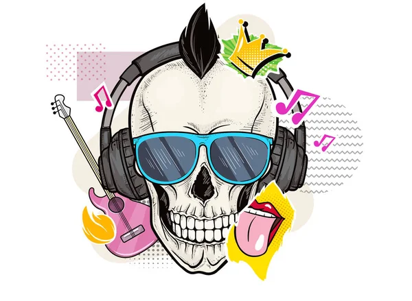 Crâne gothique humain avec lunettes de soleil, écouteurs et symboles de musique rock — Image vectorielle