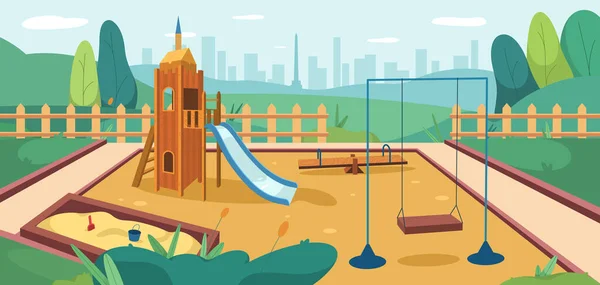 带着沙盒 滑梯和秋千 让孩子们在公园里玩耍 户外游乐场 配有沙坑 木制窗台和滑翔机 供儿童游戏使用 在绿色草坪上的夏季公众儿童游乐区 — 图库矢量图片