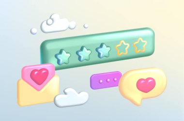 Online müşterilerin değerlendirmelerinin gerçekçi 3D vektör illüstrasyonu. Ürün inceleme yıldızları simgeleriyle e- posta ya da posta servisi. Müşteri memnuniyeti seviyesi iyi ve kötü oranda.