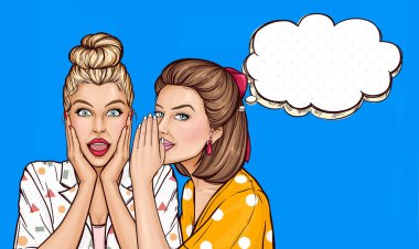 Pop Art güzel kız dedikoduları ya da sırları paylaşır. Bayan arkadaşından satış duyurusu hakkında konuşuyor. Genç bir kadın kulağına fısıldıyor. Şaşırmış sarışının mavi arka planda duygu dolu bir yüzü var..