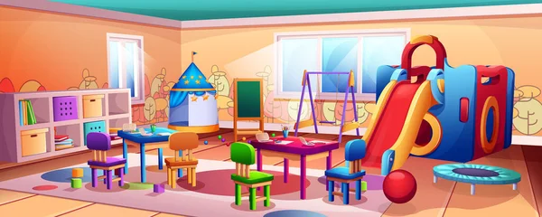 Cartoon Kindergarten Oder Kindergarten Klassenzimmer Interieur Leeres Kinderzimmer Mit Rutsche — Stockvektor