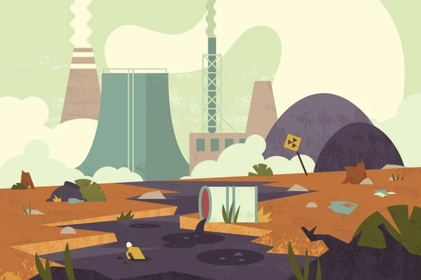 Desastre Ambiental Plano Com Água Química Rio Poluição Resíduos Radioactivos — Vetor de Stock