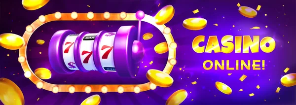 Casino Spielautomat Mit Lichterrahmen Und Goldenen Realistischen Explosionsmünzen Auf Violettem — Stockvektor